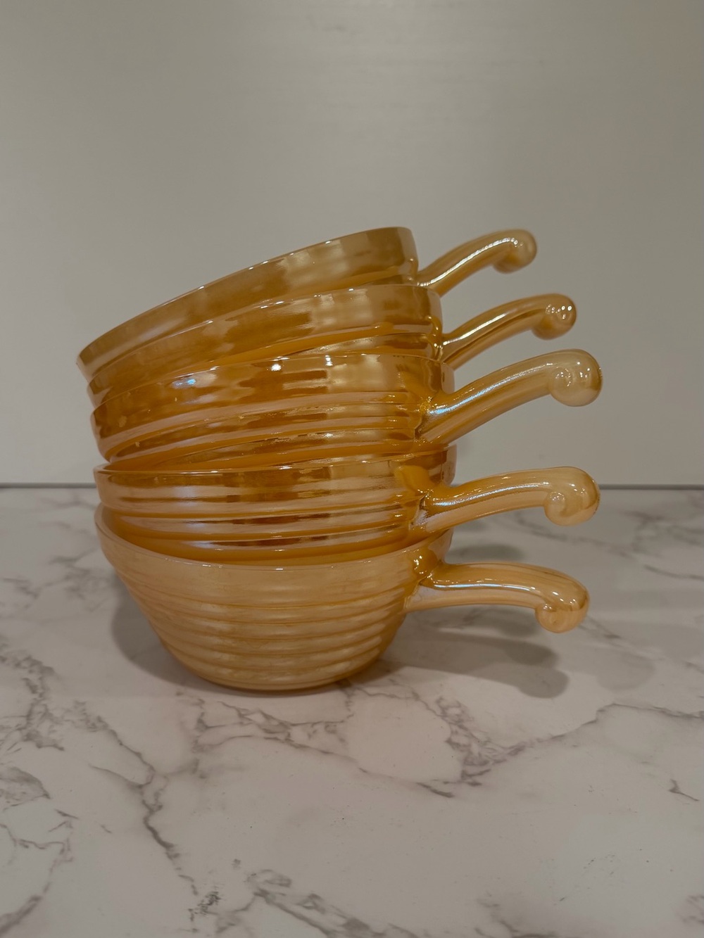 Vintage Fire-King Peach Lustre Handled Soup Bowls Set of 5